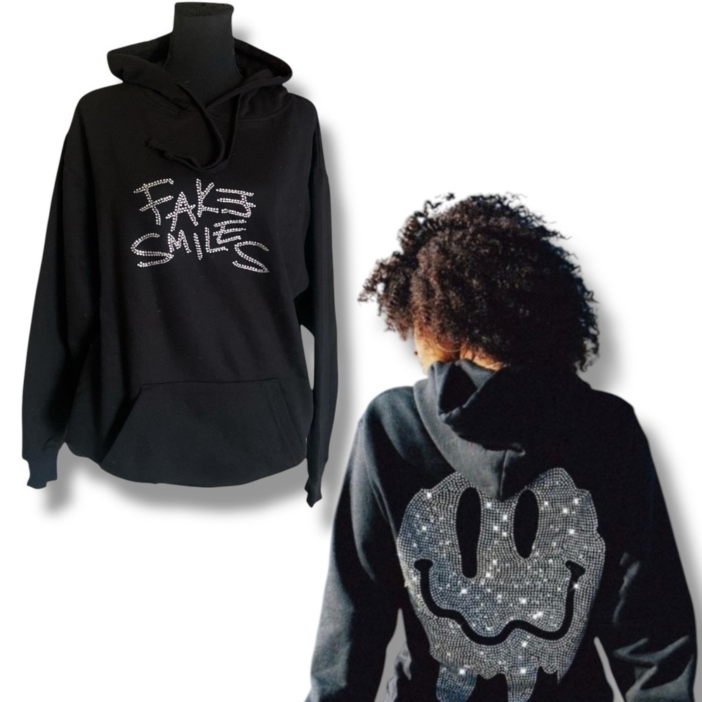 YOURS TRULY “FAKE SMILES” PHORA Fleece Hoodie Medium Black Silver Rhinestones